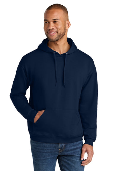 Jerzees IC49M Mens Ultimate CVC Hooded Sweatshirt Hoodie w/ Pouch Pocket Navy Blue Model Front