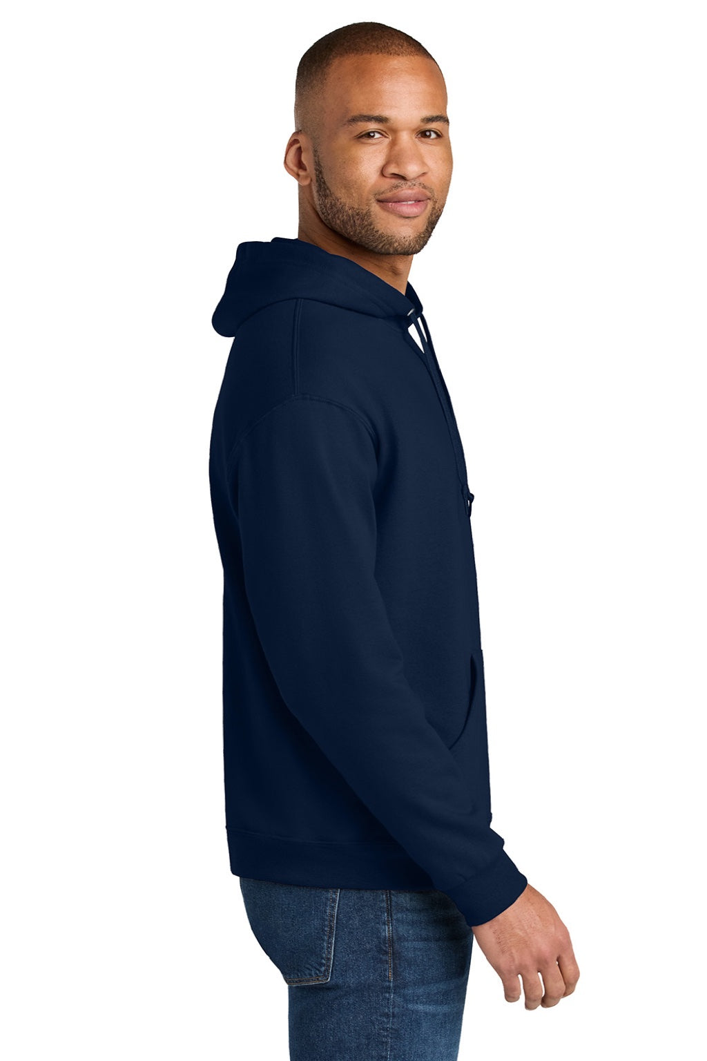 Jerzees IC49M Mens Ultimate CVC Hooded Sweatshirt Hoodie w/ Pouch Pocket Navy Blue Model Side