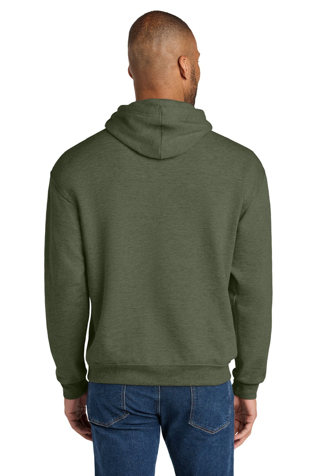 Jerzees IC49M Mens Ultimate CVC Hooded Sweatshirt Hoodie w/ Pouch Pocket Heather Military Green Model Back