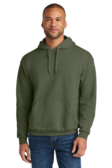 Jerzees IC49M Mens Ultimate CVC Hooded Sweatshirt Hoodie w/ Pouch Pocket Heather Military Green Model Front