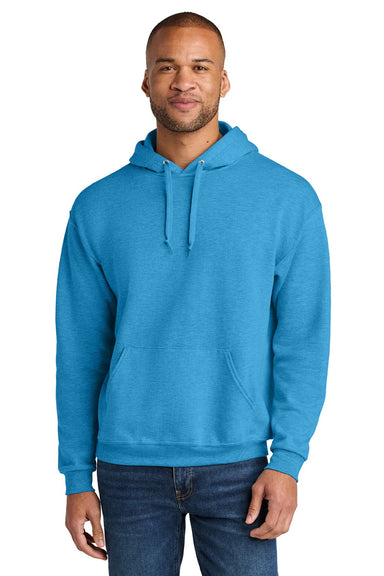 Jerzees IC49M Mens Ultimate CVC Hooded Sweatshirt Hoodie w/ Pouch Pocket Heather Soul Blue Model Front