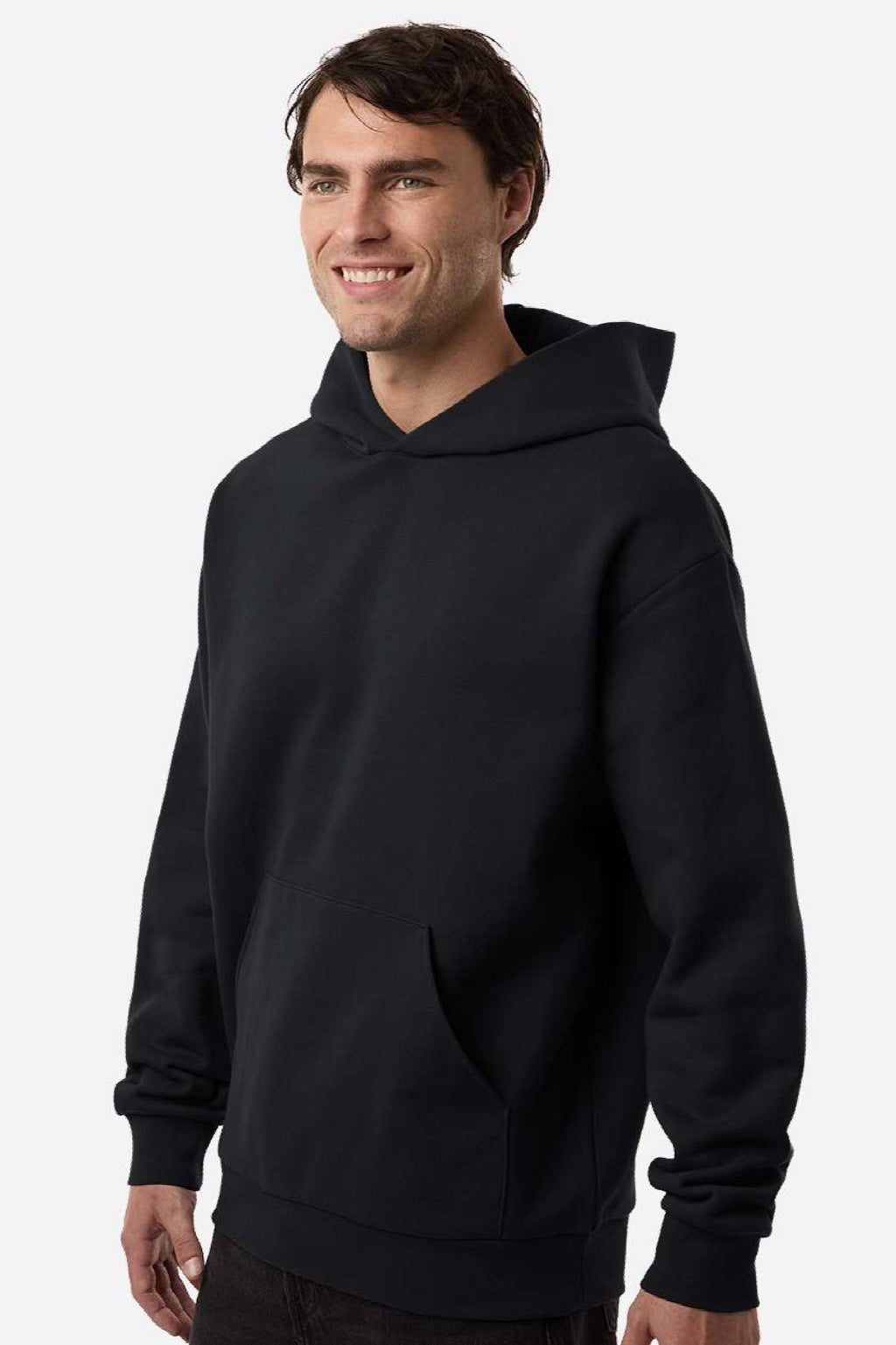 Independent Trading Company IND330BLV Mens Boulevard Heavyweight Hooded Sweatshirt Hoodie w/ Pouch Pocket Black Model Side