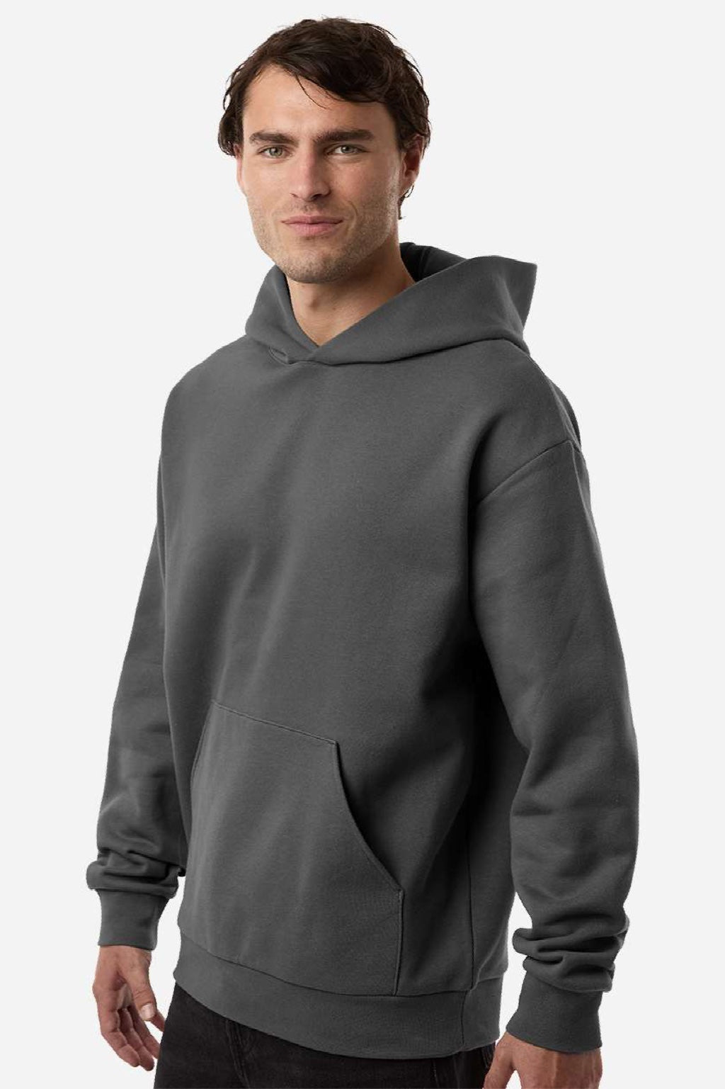 Independent Trading Company IND330BLV Mens Boulevard Heavyweight Hooded Sweatshirt Hoodie w/ Pouch Pocket Pigment Black Model Side