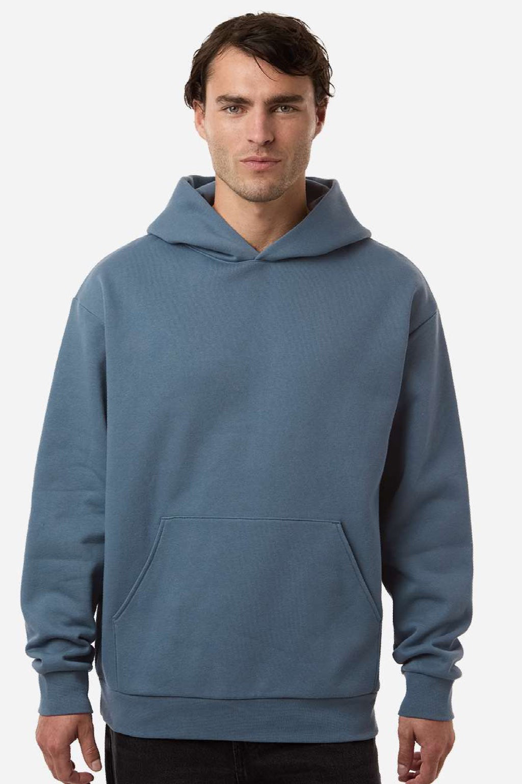 Independent Trading Company IND330BLV Mens Boulevard Heavyweight Hooded Sweatshirt Hoodie w/ Pouch Pocket Storm Blue Model Front