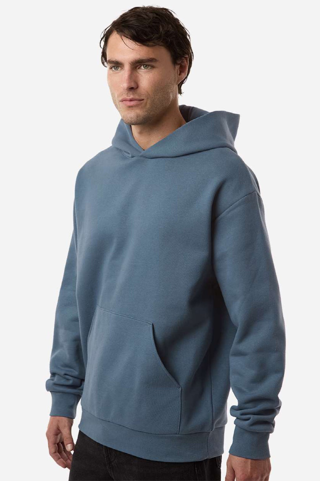 Independent Trading Company IND330BLV Mens Boulevard Heavyweight Hooded Sweatshirt Hoodie w/ Pouch Pocket Storm Blue Model Side