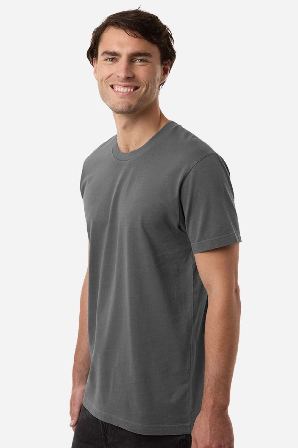 Independent Trading Company PRM180PT Mens Premium Pigment Dyed Short Sleeve Crewneck T-Shirt Pigment Black Model Side