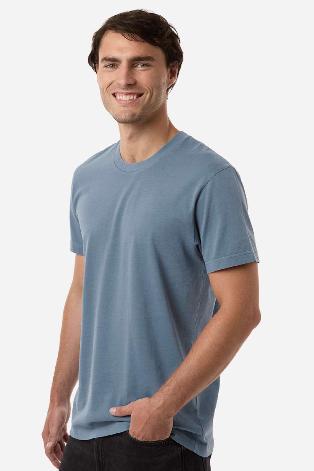Independent Trading Company PRM180PT Mens Premium Pigment Dyed Short Sleeve Crewneck T-Shirt Pigment Slate Blue Model Side
