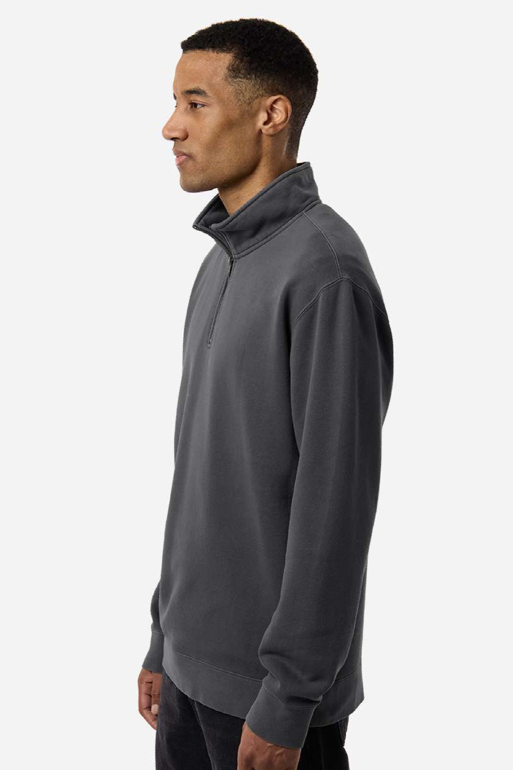 Independent Trading Company PRM4600QZ Mens Pigment Dyed 1/4 Zip Sweatshirt Pigment Black Model Side