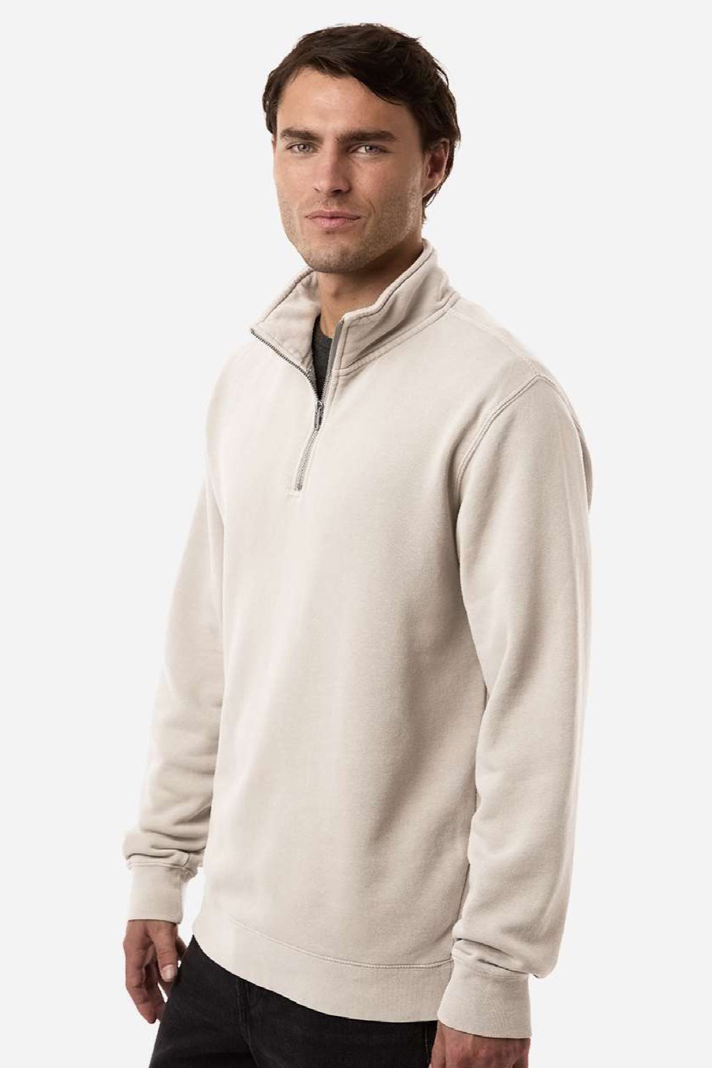 Independent Trading Company PRM4600QZ Mens Pigment Dyed 1/4 Zip Sweatshirt Pigment Ivory Model Side