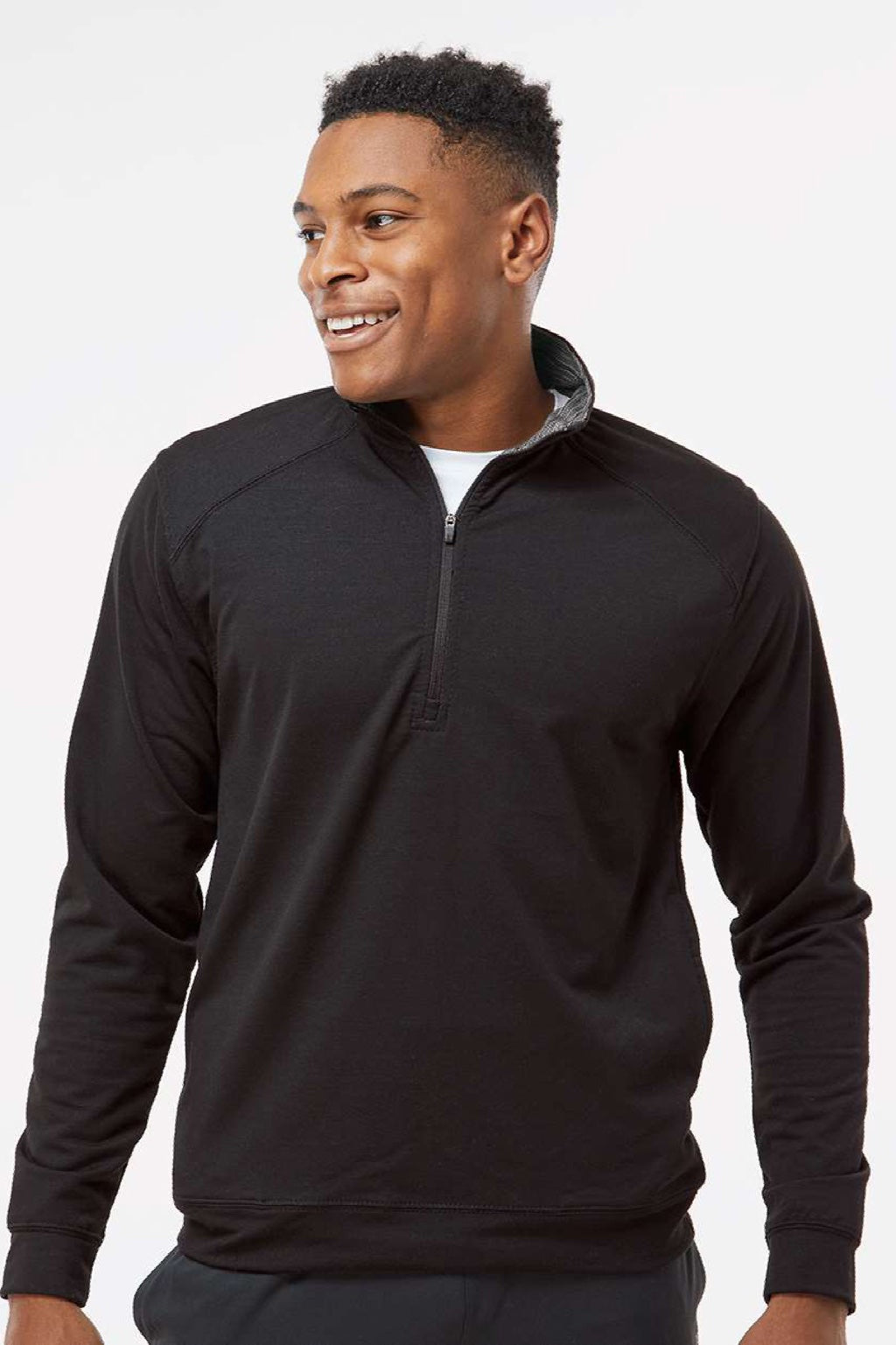 J America 8434 Mens Omega Sueded Terry 1/4 Zip Sweatshirt w/ Pockets Black Triblend Model Front