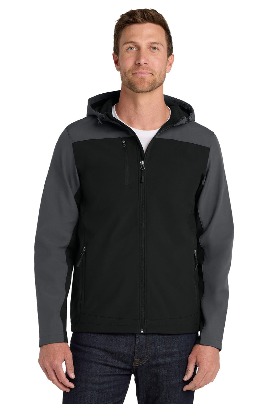 Port Authority J335 Mens Core Wind & Water Resistant Full Zip Hooded Jacket Black/Battleship Grey Model Front