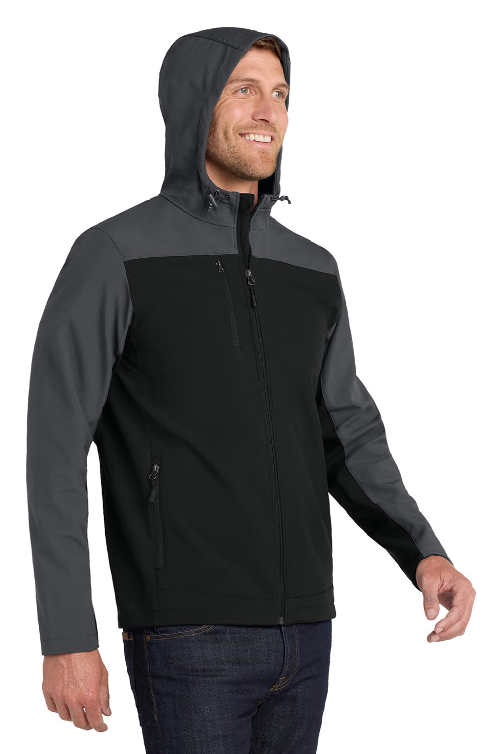 Port Authority J335 Mens Core Wind & Water Resistant Full Zip Hooded Jacket Black/Battleship Grey Model Side