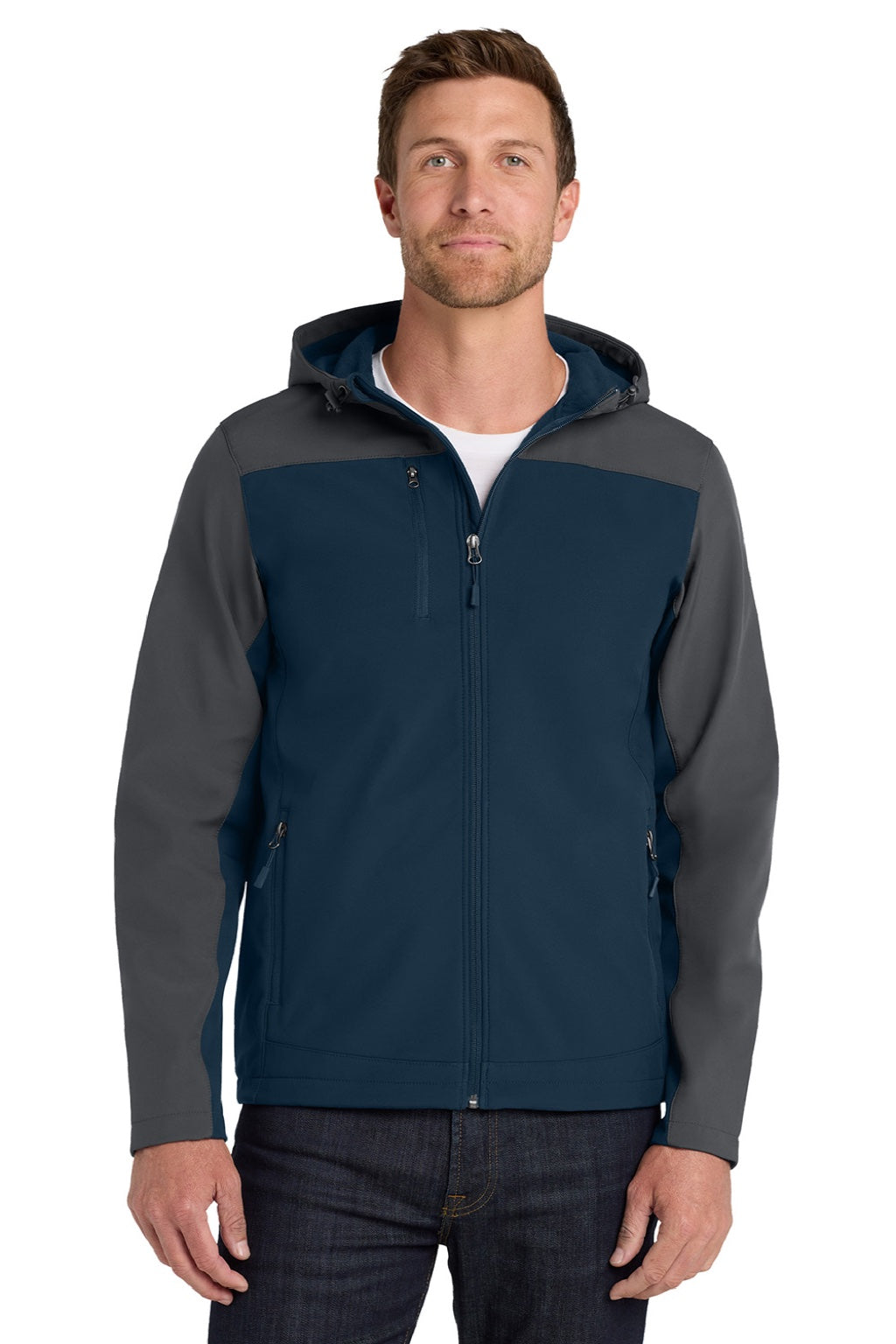 Port Authority J335 Mens Core Wind & Water Resistant Full Zip Hooded Jacket Dress Navy Blue/Battleship Grey Model Front