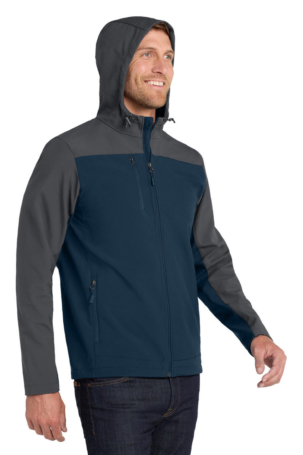 Port Authority J335 Mens Core Wind & Water Resistant Full Zip Hooded Jacket Dress Navy Blue/Battleship Grey Model Side