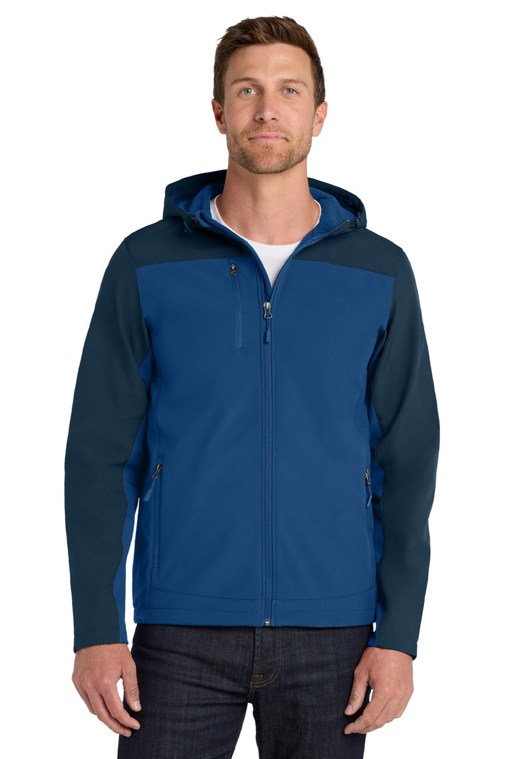 Port Authority J335 Mens Core Wind & Water Resistant Full Zip Hooded Jacket Night Sky Blue/Dress Navy Blue Model Front
