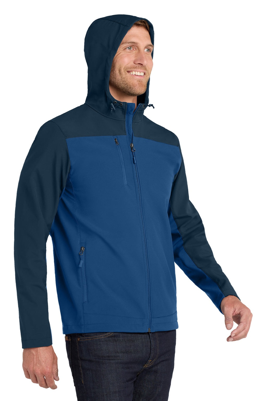 Port Authority J335 Mens Core Wind & Water Resistant Full Zip Hooded Jacket Night Sky Blue/Dress Navy Blue Model Side