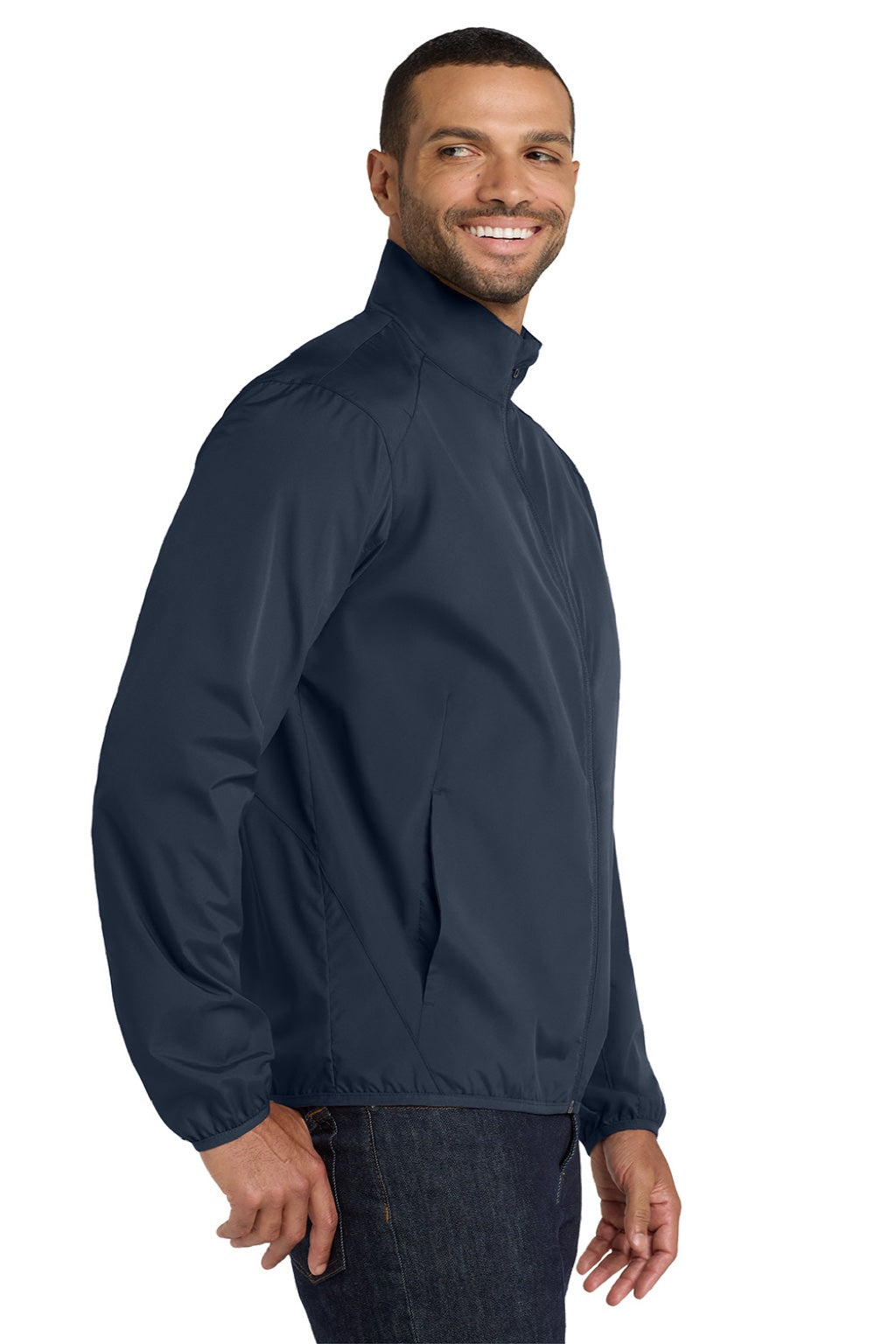 Port Authority J344 Mens Zephyr Wind & Water Resistant Full Zip Jacket Dress Navy Blue Model Side