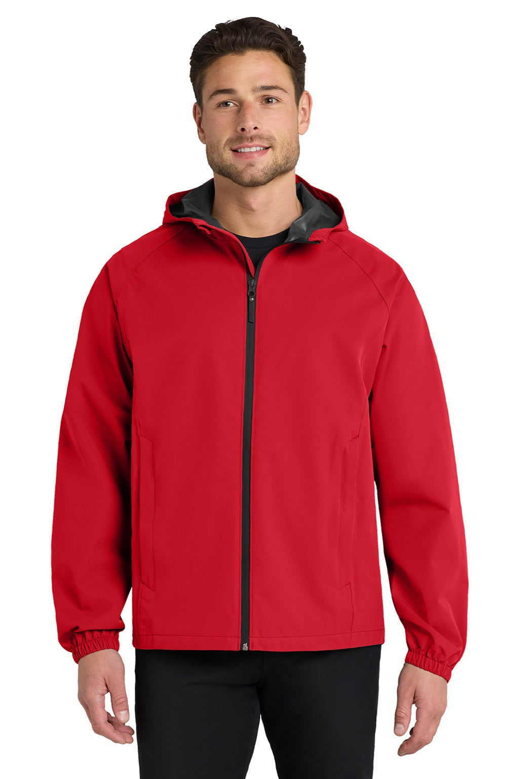 Port Authority J407 Mens Essential Waterproof Full Zip Hooded Rain Jacket Deep Red Model Front
