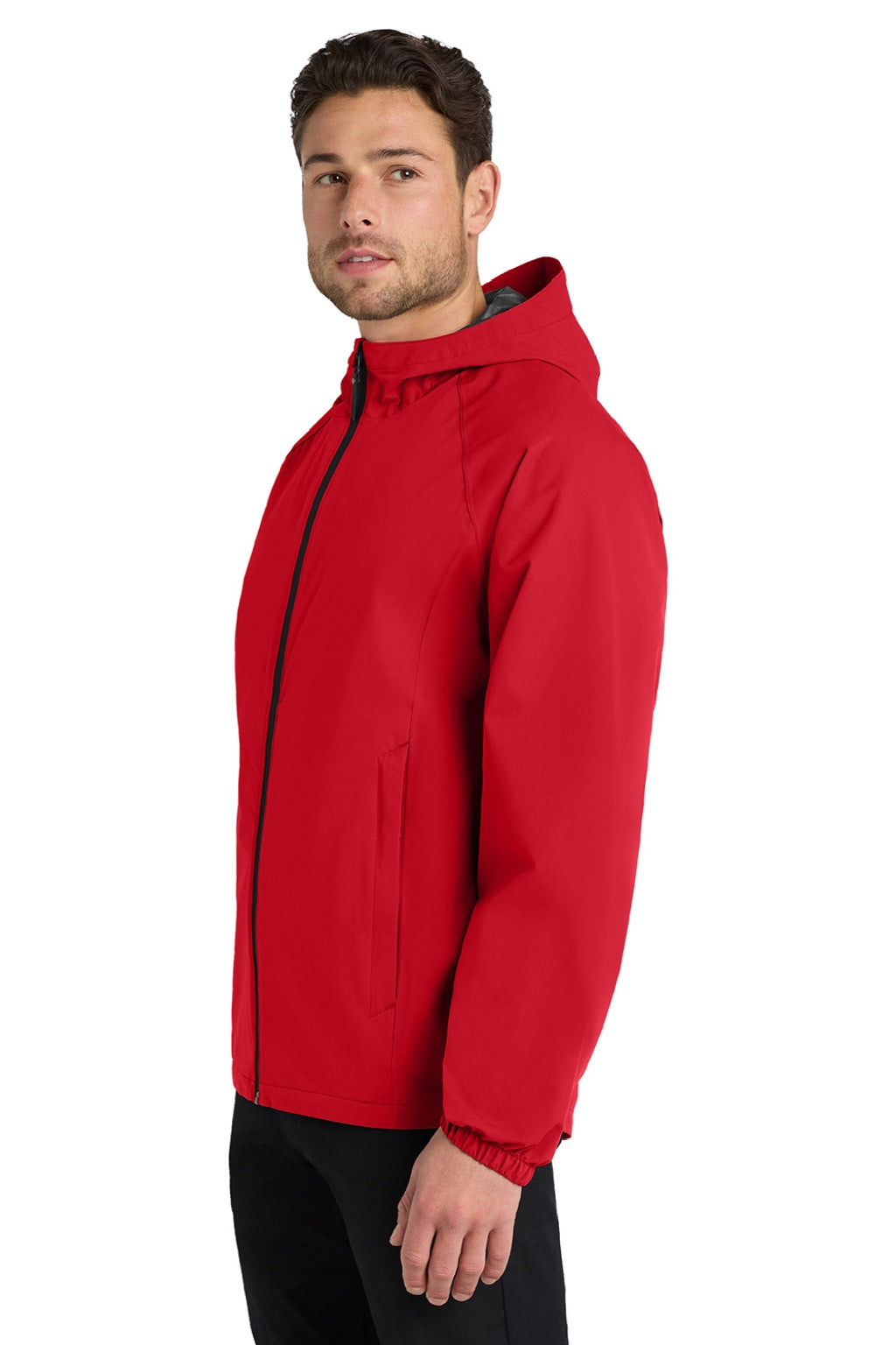 Port Authority J407 Mens Essential Waterproof Full Zip Hooded Rain Jacket Deep Red Model Side