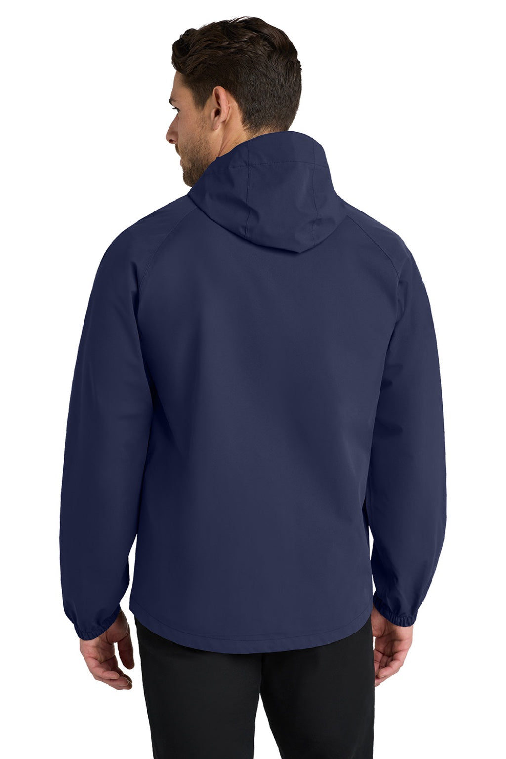 Port Authority J407 Mens Essential Waterproof Full Zip Hooded Rain Jacket True Navy Blue Model Back