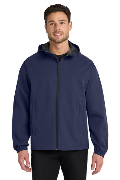 Port Authority J407 Mens Essential Waterproof Full Zip Hooded Rain Jacket True Navy Blue Model Front