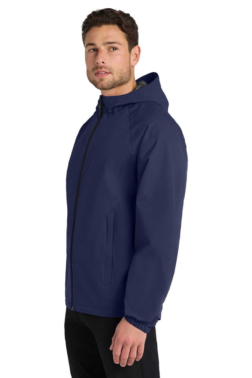 Port Authority J407 Mens Essential Waterproof Full Zip Hooded Rain Jacket True Navy Blue Model Side