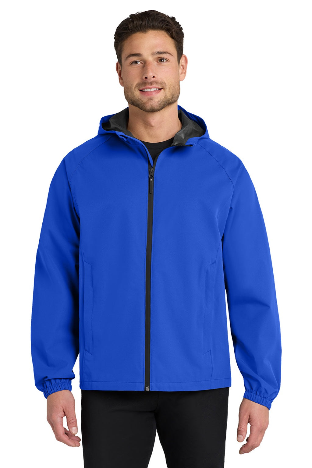 Port Authority J407 Mens Essential Waterproof Full Zip Hooded Rain Jacket True Royal Blue Model Front