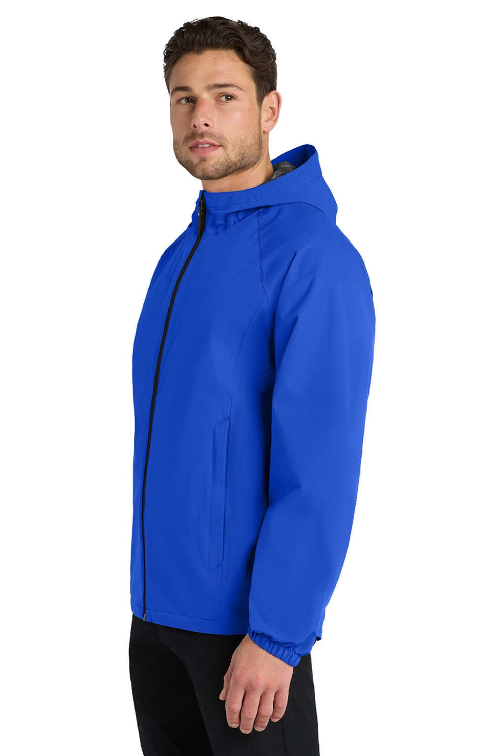 Port Authority J407 Mens Essential Waterproof Full Zip Hooded Rain Jacket True Royal Blue Model Side