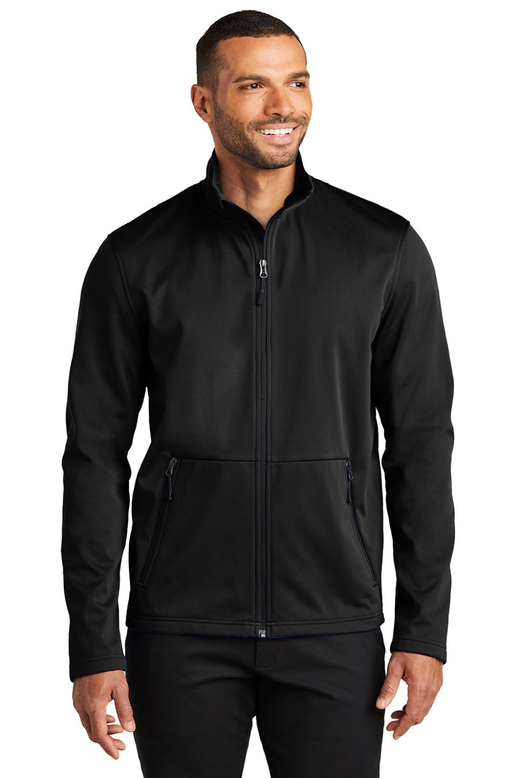 Port Authority J617 Mens Flexshell Water Resistant Full Zip Jacket Deep Black Model Front