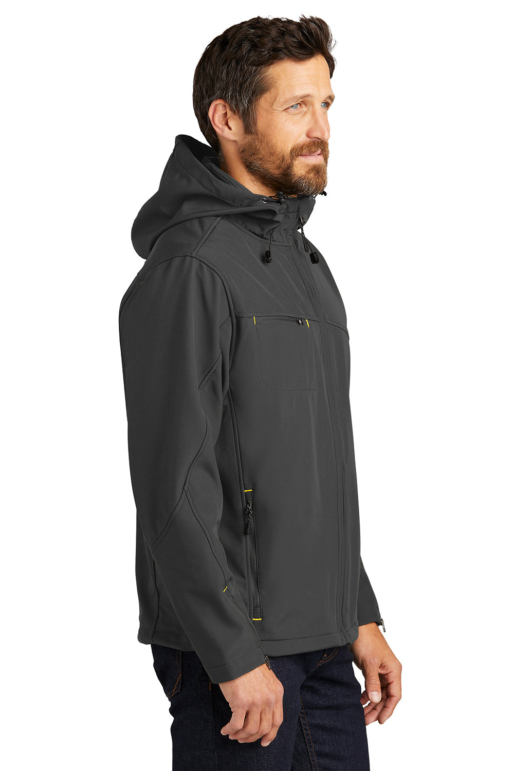 Port Authority J706 Mens Wind & Water Resistant Full Zip Hooded Jacket Charcoal Grey/Lemon Yellow Model Side