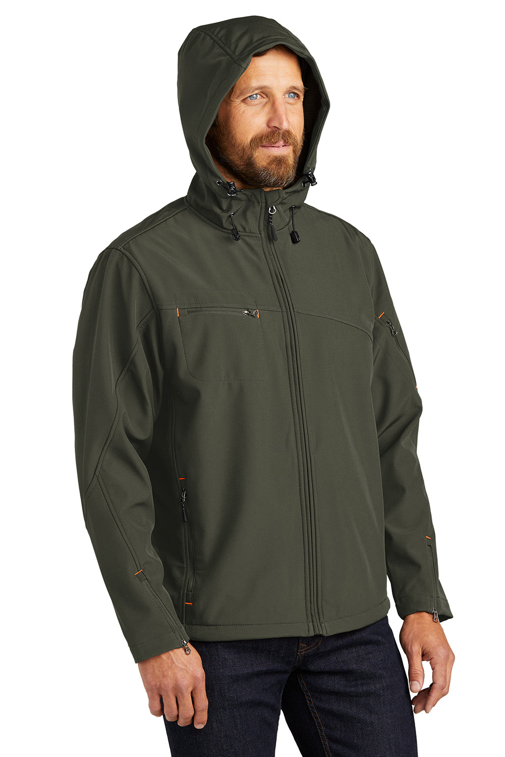 Port Authority J706 Mens Wind & Water Resistant Full Zip Hooded Jacket Mineral Green/Soft Orange Model 3q