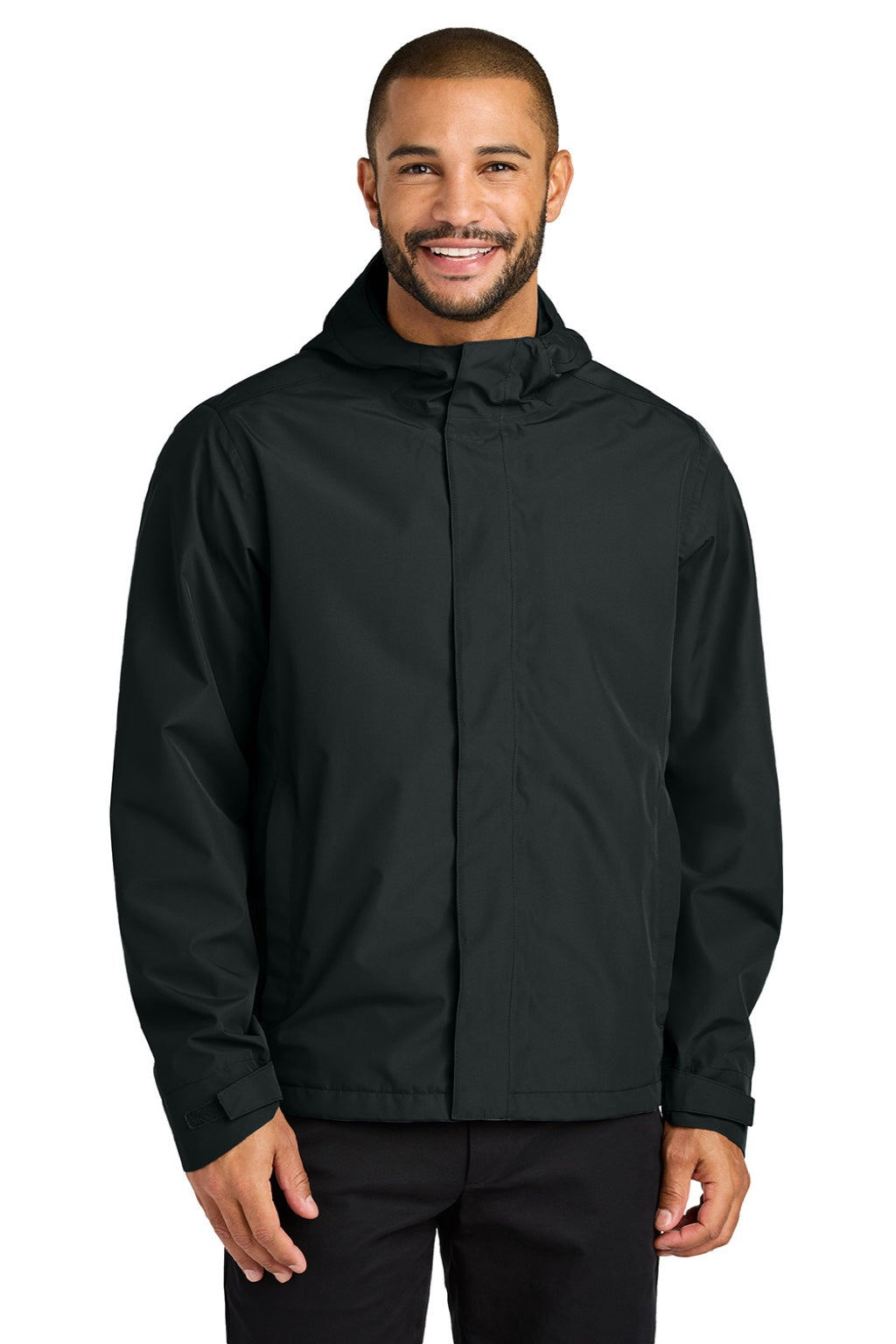 Port Authority J714 Mens C-FREE Water Resistant Full Zip Hooded Rain Jacket Deep Black Model Front