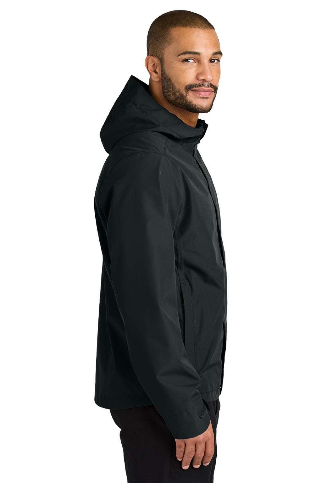 Port Authority J714 Mens C-FREE Water Resistant Full Zip Hooded Rain Jacket Deep Black Model Side