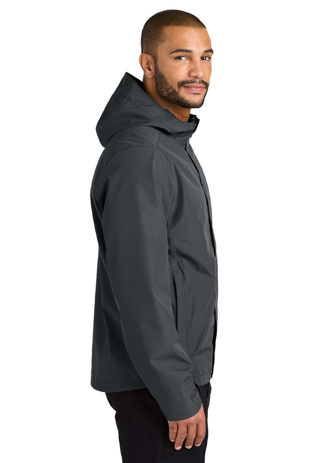 Port Authority J714 Mens C-FREE Water Resistant Full Zip Hooded Rain Jacket Steel Grey Model Side