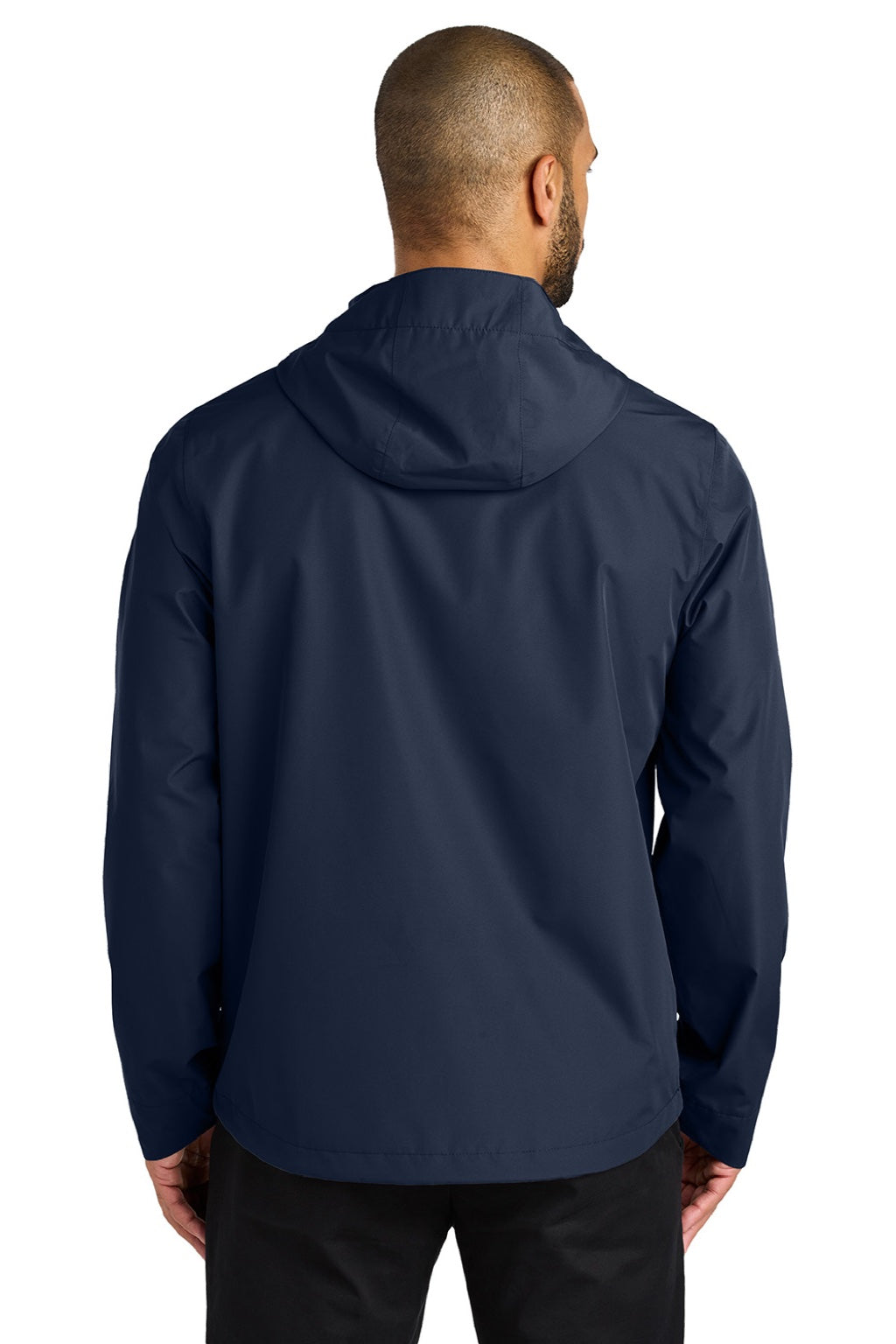 Port Authority J714 Mens C-FREE Water Resistant Full Zip Hooded Rain Jacket True Navy Blue Model Back