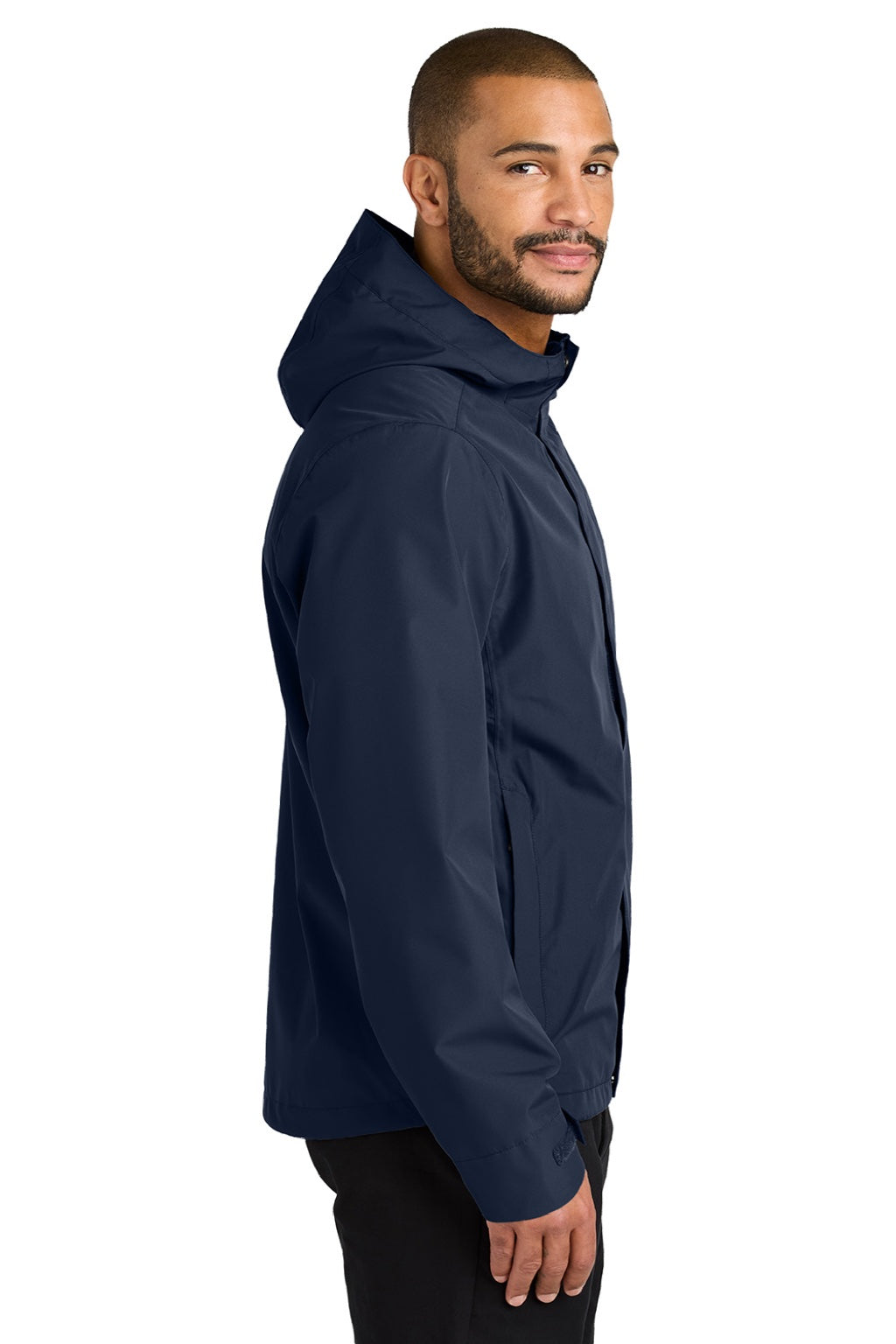 Port Authority J714 Mens C-FREE Water Resistant Full Zip Hooded Rain Jacket True Navy Blue Model Side