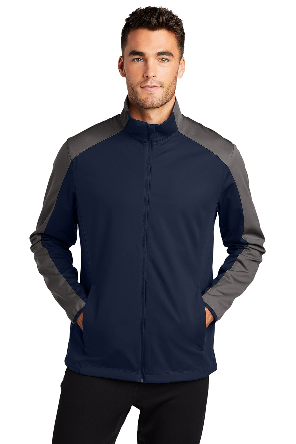 Port Authority J718 Mens Active Wind & Water Resistant Full Zip Jacket Dress Navy Blue/Steel Grey Model Front