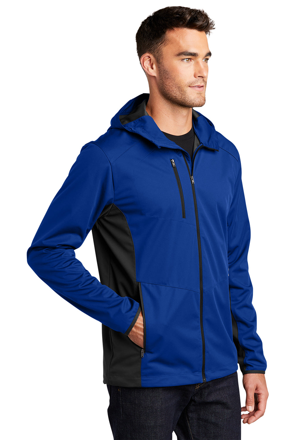 Port Authority J719 Mens Active Wind & Water Resistant Full Zip Hooded Jacket True Royal Blue/Deep Black Model 3q