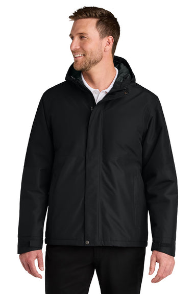 Port Authority J721 Mens Insulated Ripstop Full Zip Hooded Jacket Deep Black Model Front