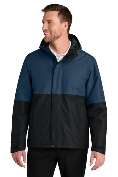 Port Authority J721 Mens Insulated Ripstop Full Zip Hooded Jacket Dress Navy Blue/Deep Black Model Front