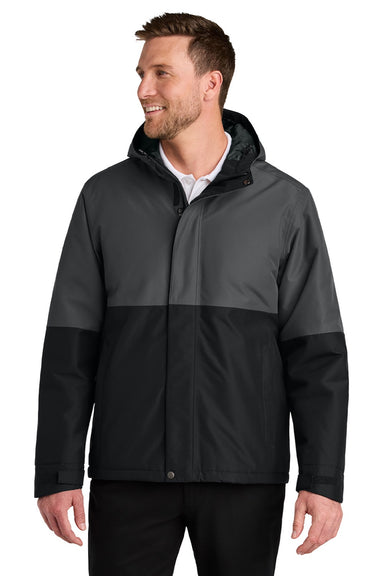 Port Authority J721 Mens Insulated Ripstop Full Zip Hooded Jacket Steel Grey/Deep Black Model Front