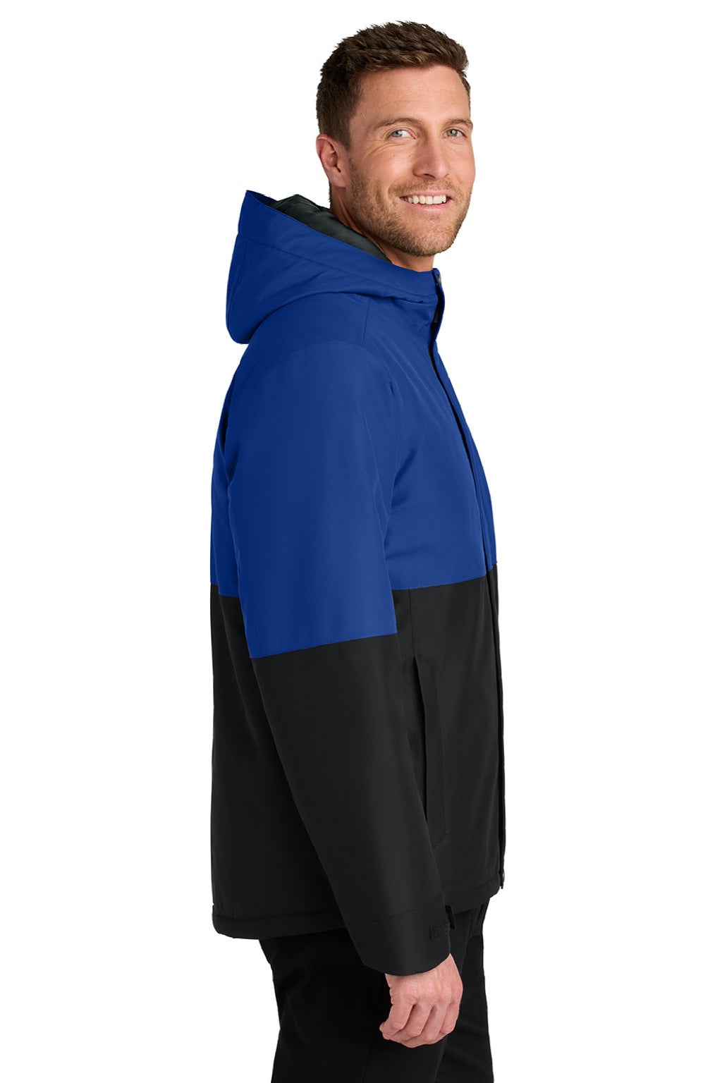 Port Authority J721 Mens Insulated Ripstop Full Zip Hooded Jacket True Royal Blue/Deep Black Model Side