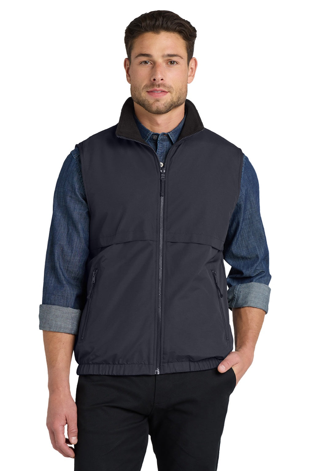 Port Authority J7490 Mens Charger Reversible Wind & Water Resistant Full Zip Vest Battleship Grey Model Front
