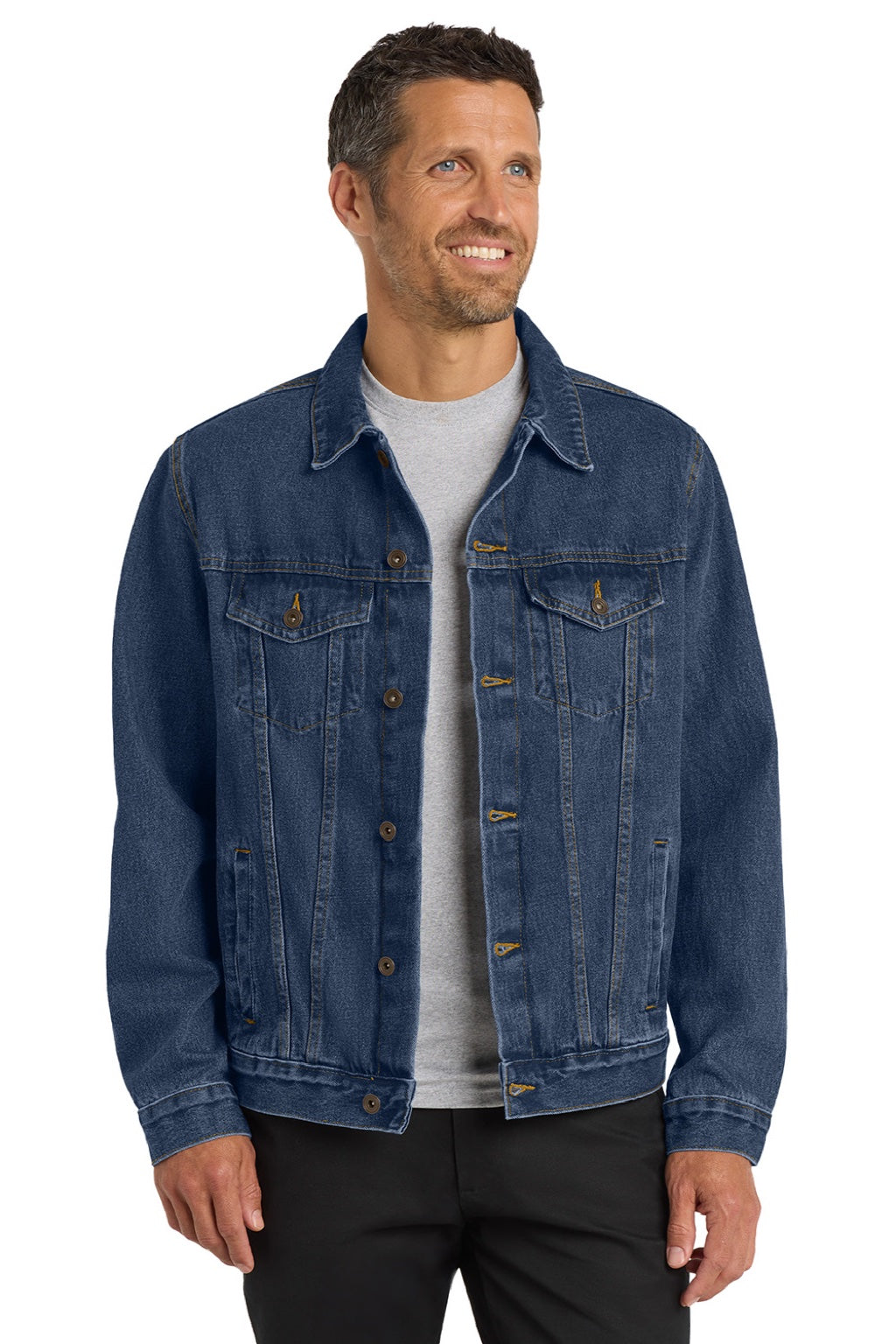 Port Authority J7620 Mens Stonewashed Denim Button Down Jacket Denim Blue Model Front