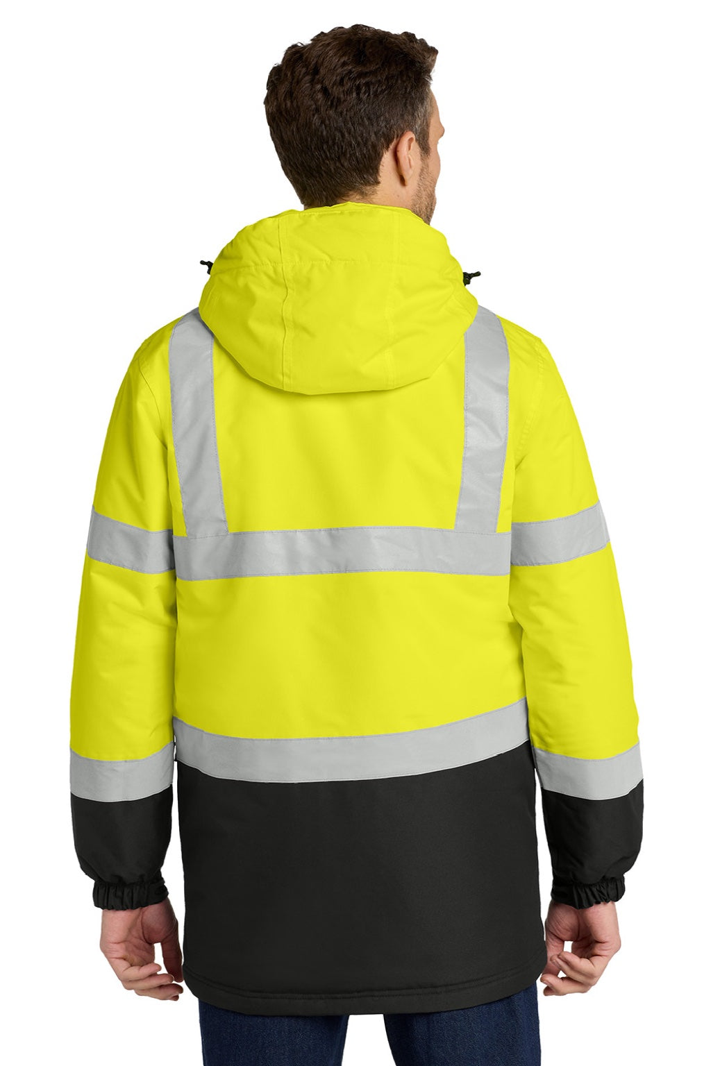 Port Authority J799S Mens Waterproof Full Zip Hooded Jacket Safety Yellow/Black Model Back
