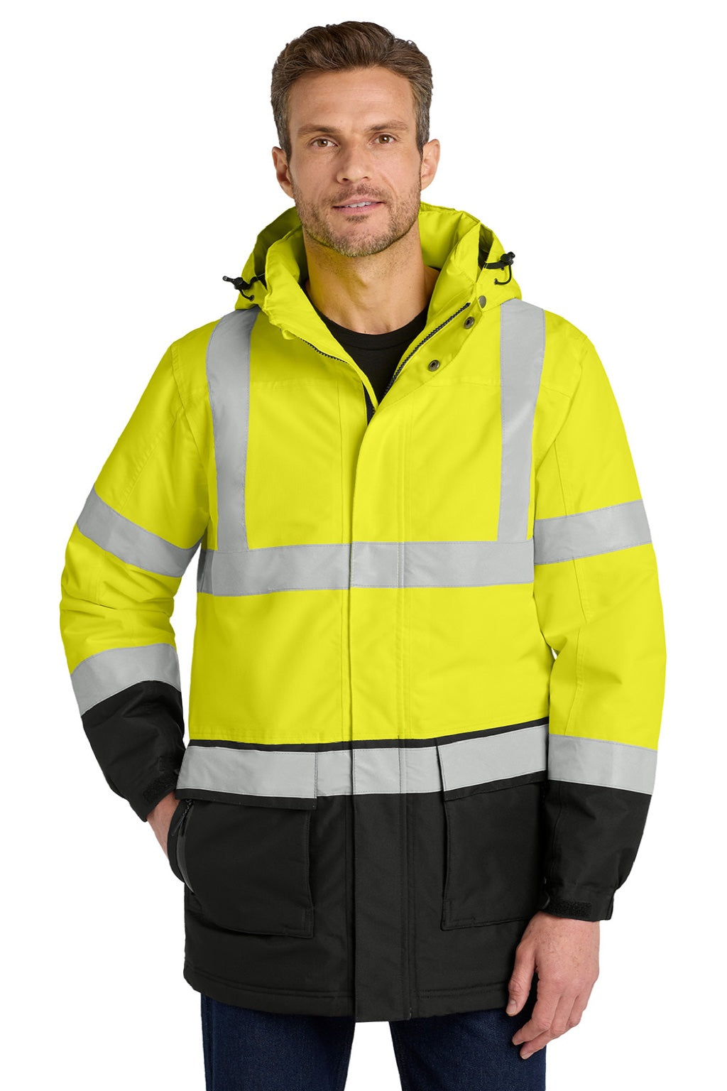 Port Authority J799S Mens Waterproof Full Zip Hooded Jacket Safety Yellow/Black Model Front