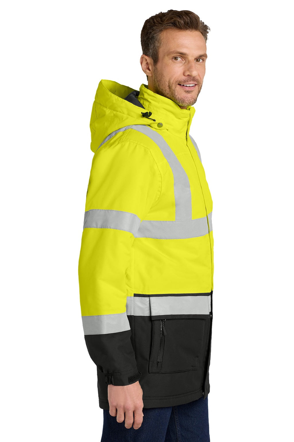 Port Authority J799S Mens Waterproof Full Zip Hooded Jacket Safety Yellow/Black Model Side