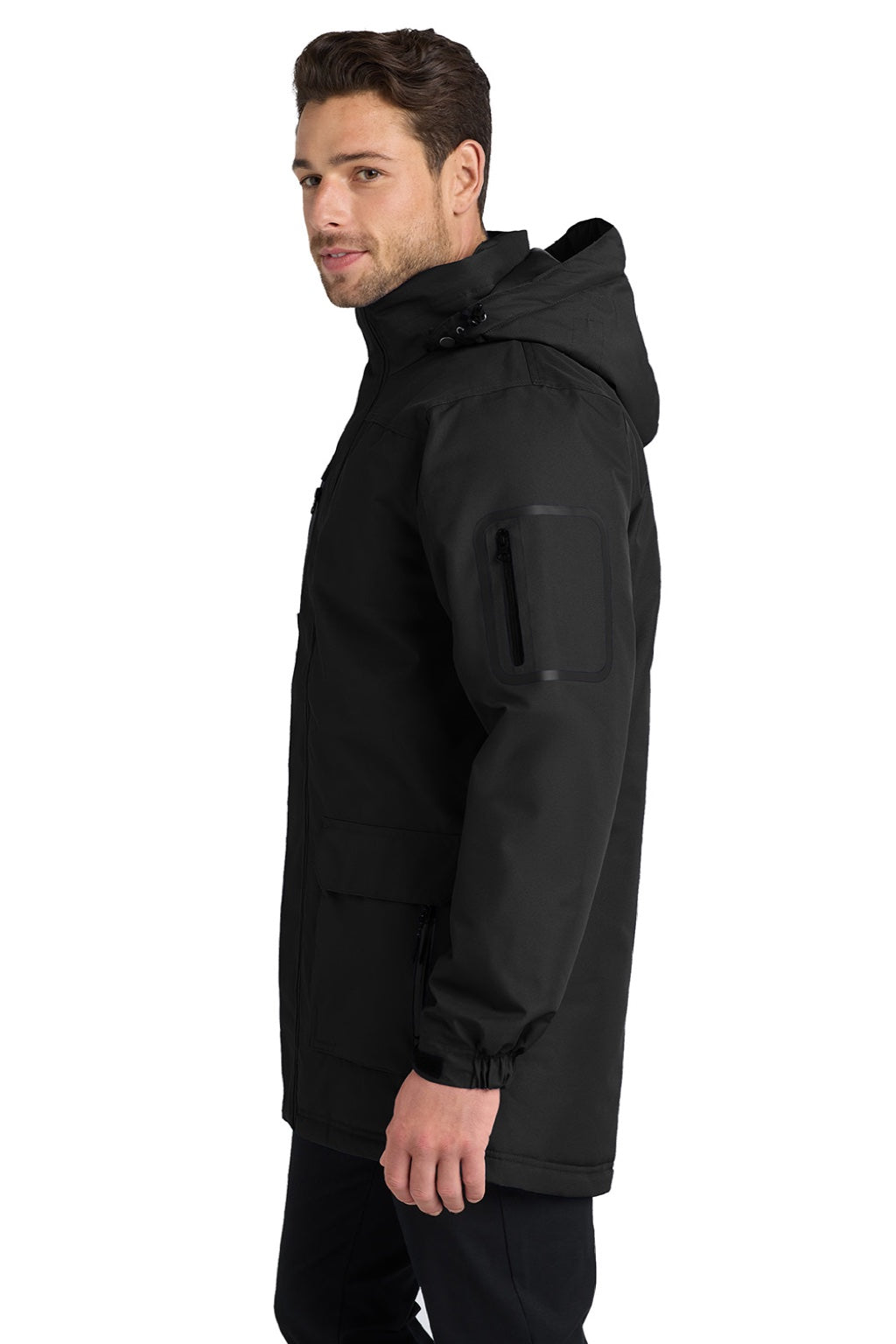 Port Authority J799 Mens Waterproof Full Zip Hooded Jacket Black Model Side