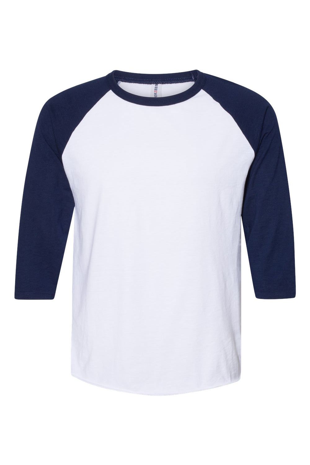 Jerzees 560RR Mens Premium Blend Baseball Moisture Wicking 3/4 Sleeve Crewneck T-Shirt White/Navy Blue Flat Front