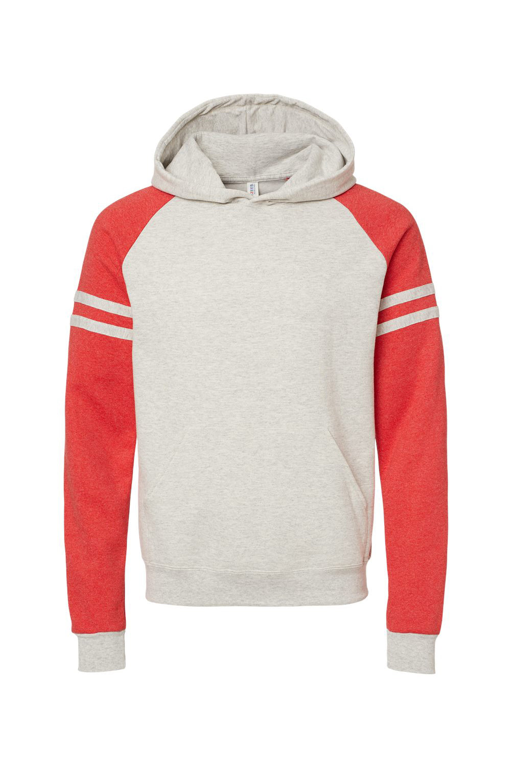Jerzees 97CR Mens NuBlend Fleece Varsity Colorblock Hooded Sweatshirt Hoodie w/ Pouch Pocket Heather Oatmeal/Red Flat Front